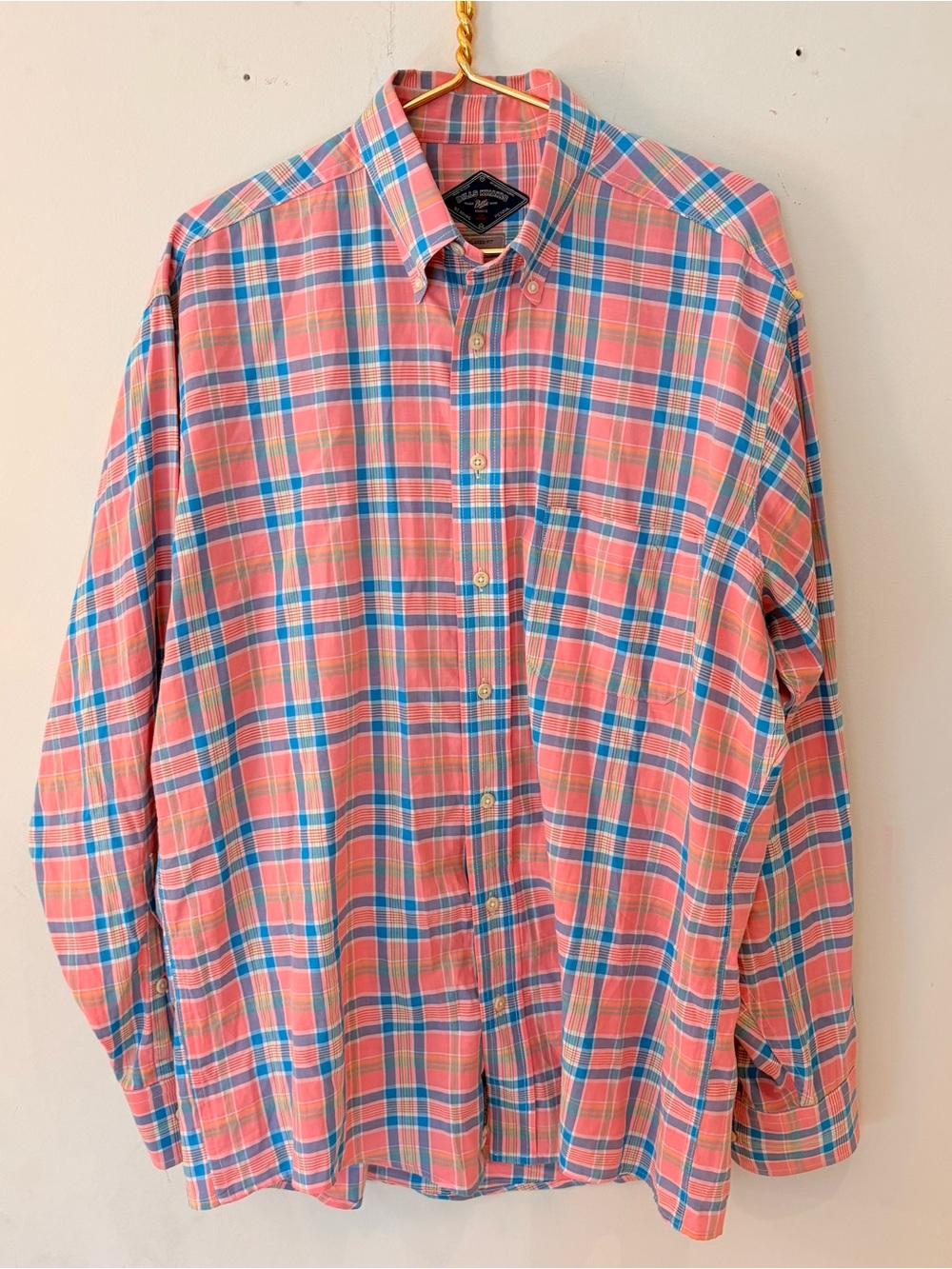 Bill’s Khakis Men's Coral Pink Blue Plaid Lightweight Button-Down Shirt - Sz L
